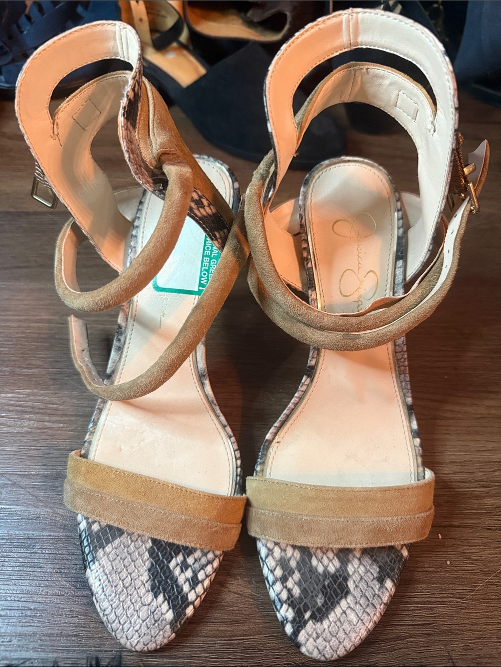 Suede Strap Sandals with Snake-Print Toe - Jessica Simpson - Tan size 8.0 EUR 38